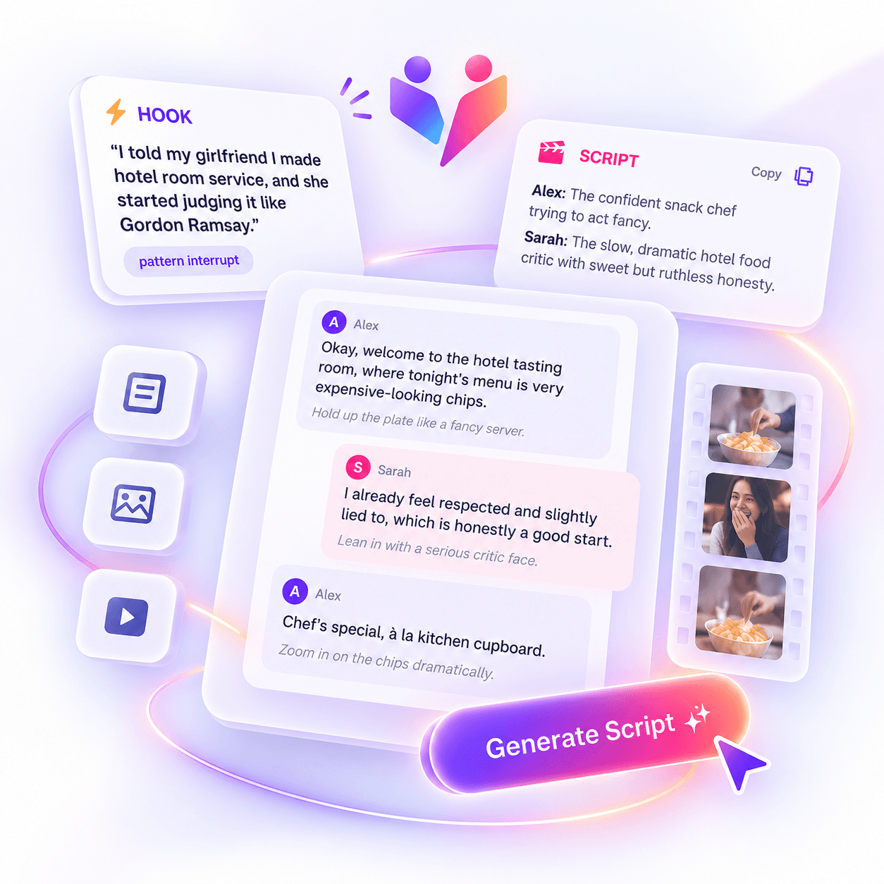The ViralDuos Signature Screen — hook line, split script between the two of you, and a Generate Script button