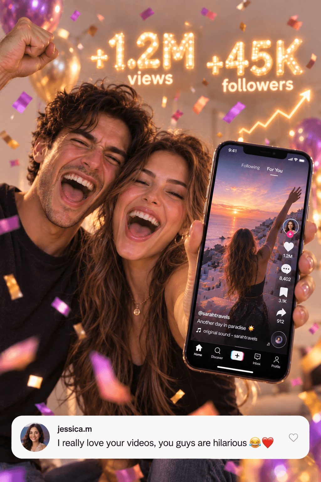 A couple celebrating a viral TikTok — real app UI showing likes, shares, and a fan comment, with their analytics floating behind them